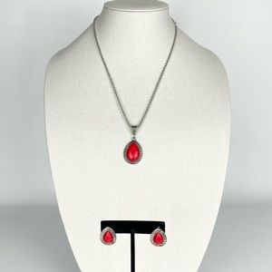 Boho Red Teardrop Pendant Necklace Earrings Set